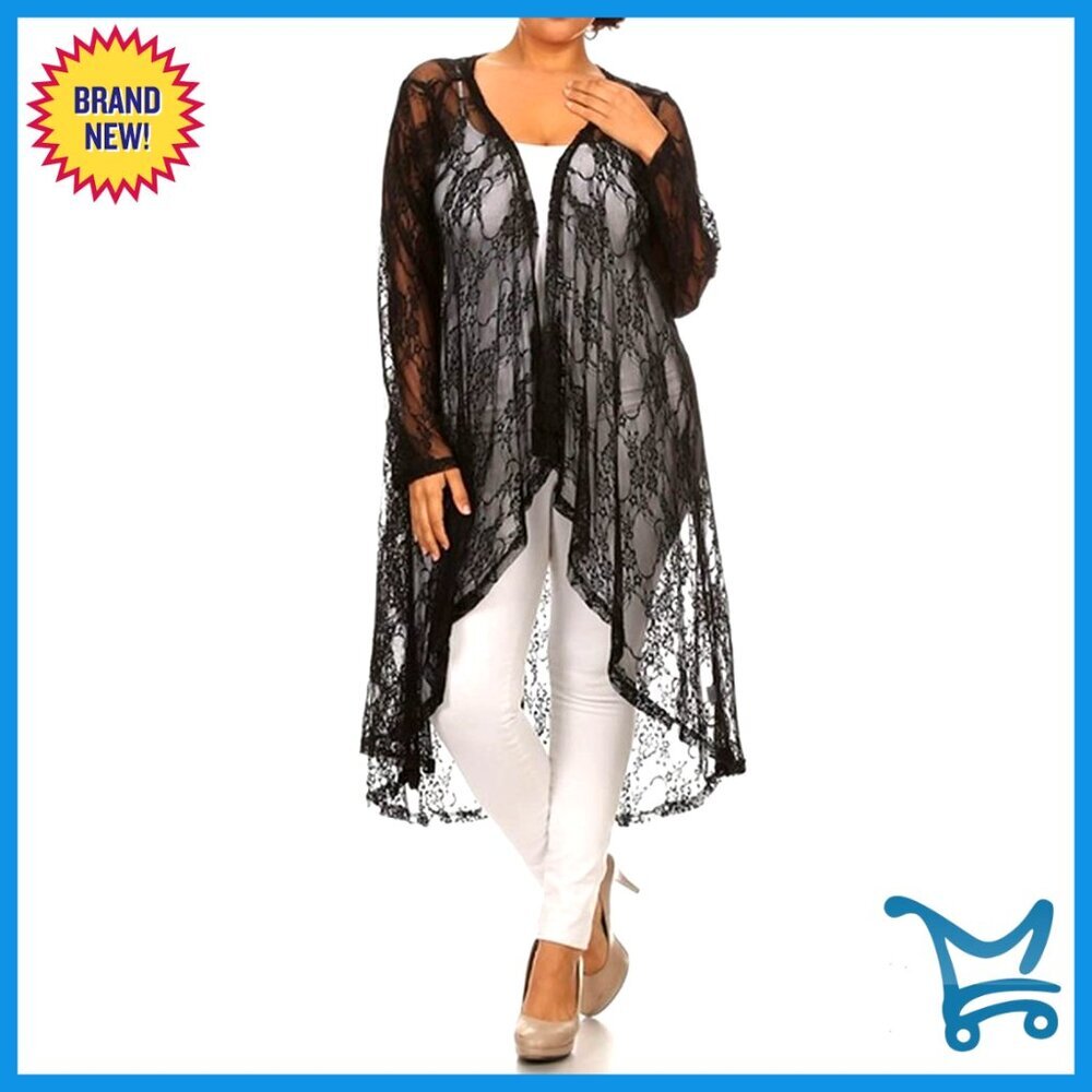 Sheer Lace Long Sleeve Open Front Asymmetric Hem Duster Cardigan